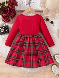 Classic red and black plaid Christmas long sleeve dress for girls with festive bow design