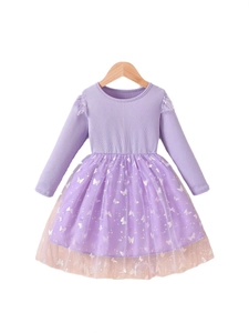 Girls long sleeve princess dress in light purple with glittery butterfly mesh skirt