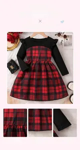 Detail of red plaid mesh embroidery and double-layer lining on kids' winter dress