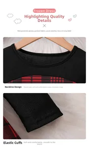 Detail of round neckline and elastic cuffs on girls red plaid winter dress