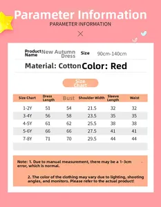 Detailed size chart for girls red winter dress including length, chest, and sleeve measurements