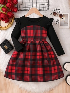 Girls Plaid Dress Knit Splicing Long Sleeve Ruffle Shoulder British Style Red Black Tartan Sweet Outfit For Kids