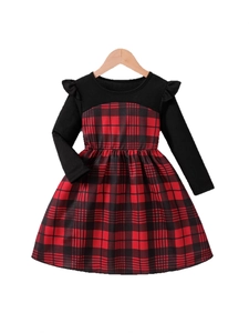 Girls long sleeve red plaid dress with black ribbed bodice and ruffles for new year