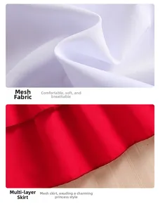 Détail du tissu en maille blanche et de l'ourlet en tulle rouge sur l'ensemble pour fille