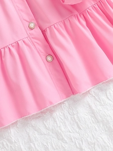 Pink girls cotton princess dress with puff sleeves and pearl button details