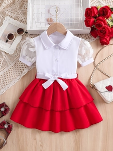 Vêtement Été Fille Chemise Manches Courtes Col Revers Et Jupe À Étages Princesse Douce Coton Mesh Fleur Nœud