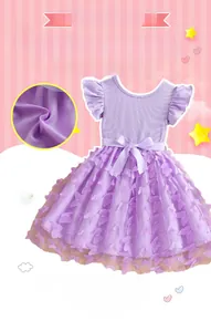 Detail of 3D butterfly appliques on layered tulle purple princess dress for girls