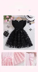 Detail of girls mesh tutu dress with 3D butterfly appliques and waist bow tie