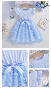 Detailed views of light blue girls' dress with 3D butterfly appliqués and mesh tulle skirt