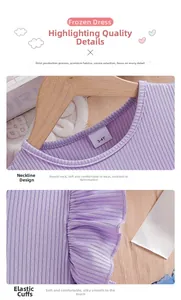 Detail of purple ribbed knit dress featuring a round neckline and ruffled elastic cuffs