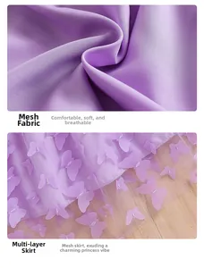 Detail of lavender tulle dress with multi-layered hem and 3D butterfly appliques