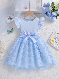 Girls Dress Cotton Ribbed Knit Mesh Tulle Princess Party Sweet Elegant With Butterfly Appliques Satin Bow Ruffle Sleeves