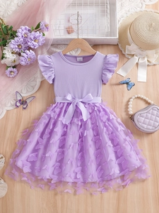 Girl's purple tulle dress with flutter sleeves, bow belt and butterfly 3D appliques