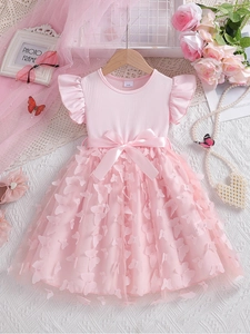 Pink girls' princess dress with flutter sleeves, 3D butterflies and a satin bow belt