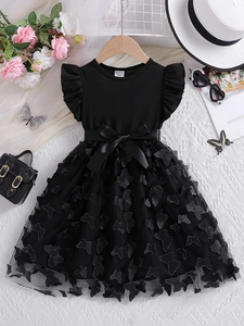Elegant black girls' dress with butterfly tulle skirt and satin bow, 3-4 years size