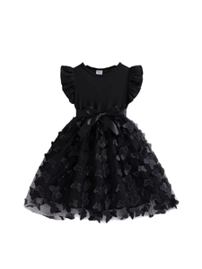 Girls' black sleeveless dress with ruffled sleeves, satin bow, and 3D butterfly tulle skirt