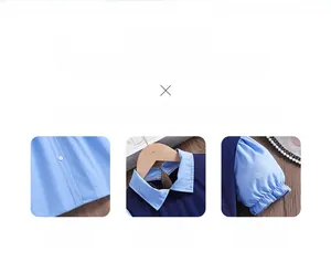 Detailansicht von hellblauem Revers, Puffärmeln und blauem Stoff mit weißen Knöpfen
