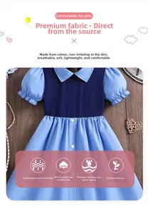 Detailansicht Baumwollkleid für Mädchen mit blauem Patchwork, Puffärmeln und Polokragen