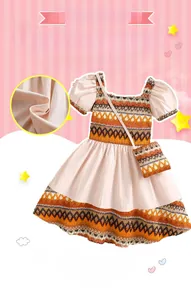 Detail of girls' bohemian patchwork dress with puffy sleeves and matching crossbody bag