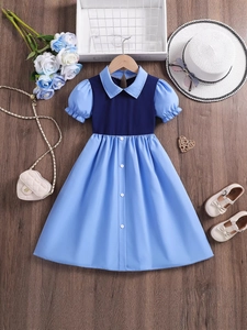 Mädchen Kleid Farbblock Baumwollmischung Peter Pan Kragen Puffärmel Prinzessin Sommer Casual Kleinkinder