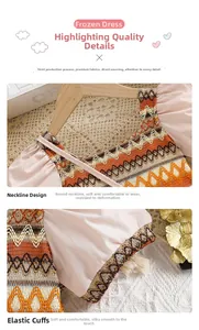 Detail of girls' bohemian dress showing crew neckline and elastic puff sleeve cuffs