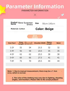 Detailed size chart for girls' bohemian summer dress with bubble sleeves and cotton fabric