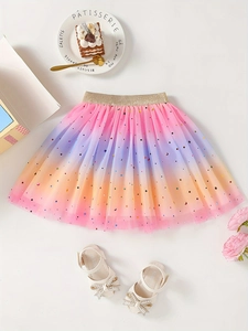 Girls Rainbow Gradient Mesh Skirt Star Moon Sequins Gold Glitter Waistband Pleated Tutu Princess Costume Party Wear
