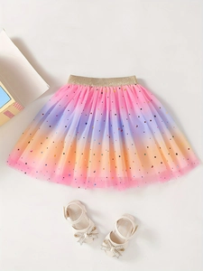 Rainbow mesh tutu skirt for girls with silver star and moon patterns on bright tulle