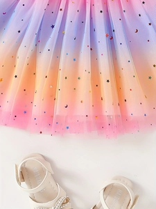Girls rainbow pleated tulle skirt with gold star moon prints and layered gradient mesh