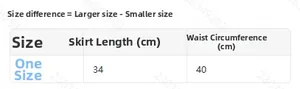 Size chart for rainbow sequin tutu skirt showing length and waist measurements