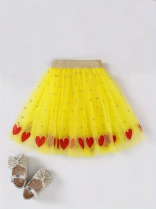 Yellow girls tutu skirt with red hearts, gold waistband and shimmering sequins