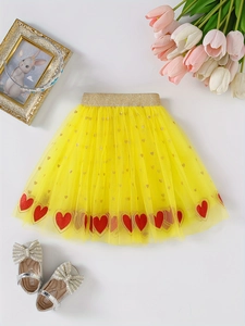 Girls Yellow Tulle Tutu Skirt With Red Sequin Hearts Gold Glitter Elastic Waist Princess Party Skirt For Kids