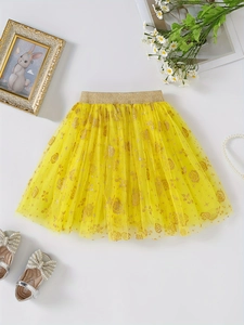 Girls Yellow Tulle Tutu Skirt With Gold Rose Star Glitter Print Princess Layered Mesh Puffy Skirt For Party Dance Kids