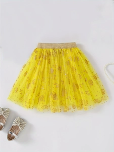 Girls yellow tiered tulle tutu skirt with gold rose patterns and elastic waist