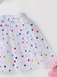 White tulle tutu skirt for girls with colorful heart-shaped sequins and elastic waistband