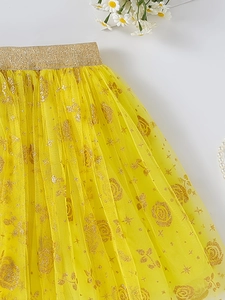 Girls' bright yellow layered tulle tutu skirt with gold glitter rose and star patterns