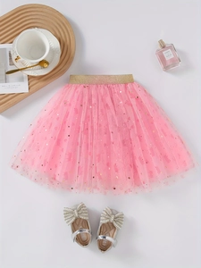 Girls Princess Pink Mesh Tutu Skirt Multi-Layer Puffy Skirt With Shiny Heart Star Crown Sequins For Birthday Party Kids Clothing