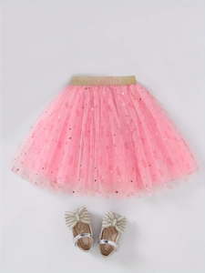 Pink tulle tutu skirt for girls with gold star prints and matching silver bow shoes