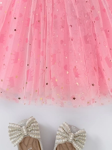 Pink tiered tutu skirt with gold stars and silver sequin bow flat shoes set