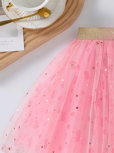 Pink tulle tutu skirt for girls featuring gold star heart sequins and elastic waistband