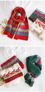Detailed view of Christmas knit scarves featuring deer and snowflake holiday patterns