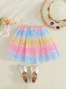 Rainbow gradient tutu skirt with gold elastic waist and star patterns for girls