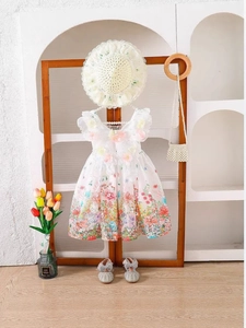 Vestido Floral Francés para Niñas Con Sombrero Nido de Abeja Sin Mangas Volantes Vestido de Playa Princesa