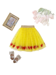 Girls yellow tutu skirt with red sequin hearts and elastic gold glitter waistband