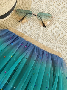 Girls rainbow sequin tutu skirt with blue-green gradient mesh and gold elastic waistband