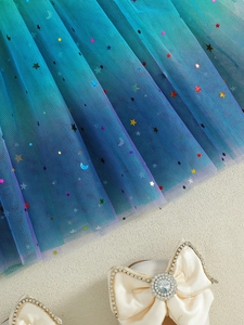 Rainbow sequin tutu skirt with blue-green gradient tulle and sparkling rhinestone shoes
