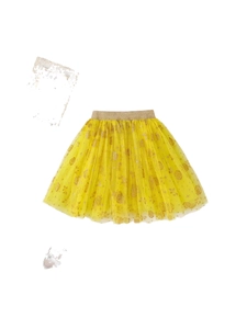 Girls multilayered yellow tulle tutu skirt with gold rose patterns and elastic waistband