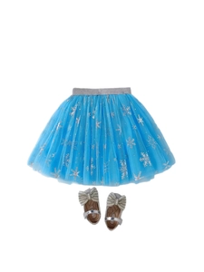 Sky blue tutu skirt with silver snowflakes and glitter princess shoes for little girls