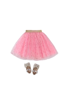 Pink tulle tutu skirt for girls with gold sequins and silver bow mary jane shoes set