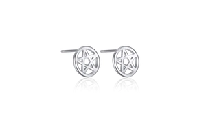 Detailed view of hollow pentagram hoop earrings with matte silver finish on white backdrop